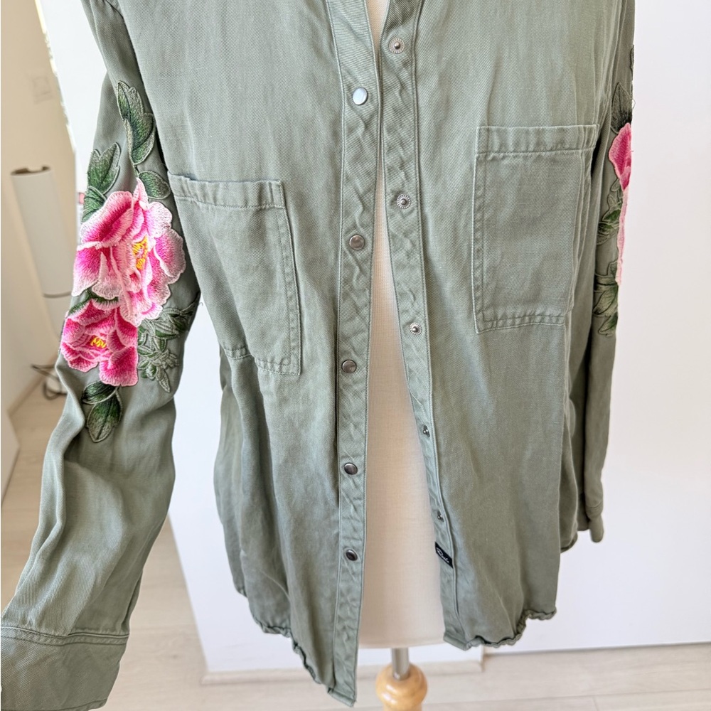Rails Olive Green Shirt with floral embellishments